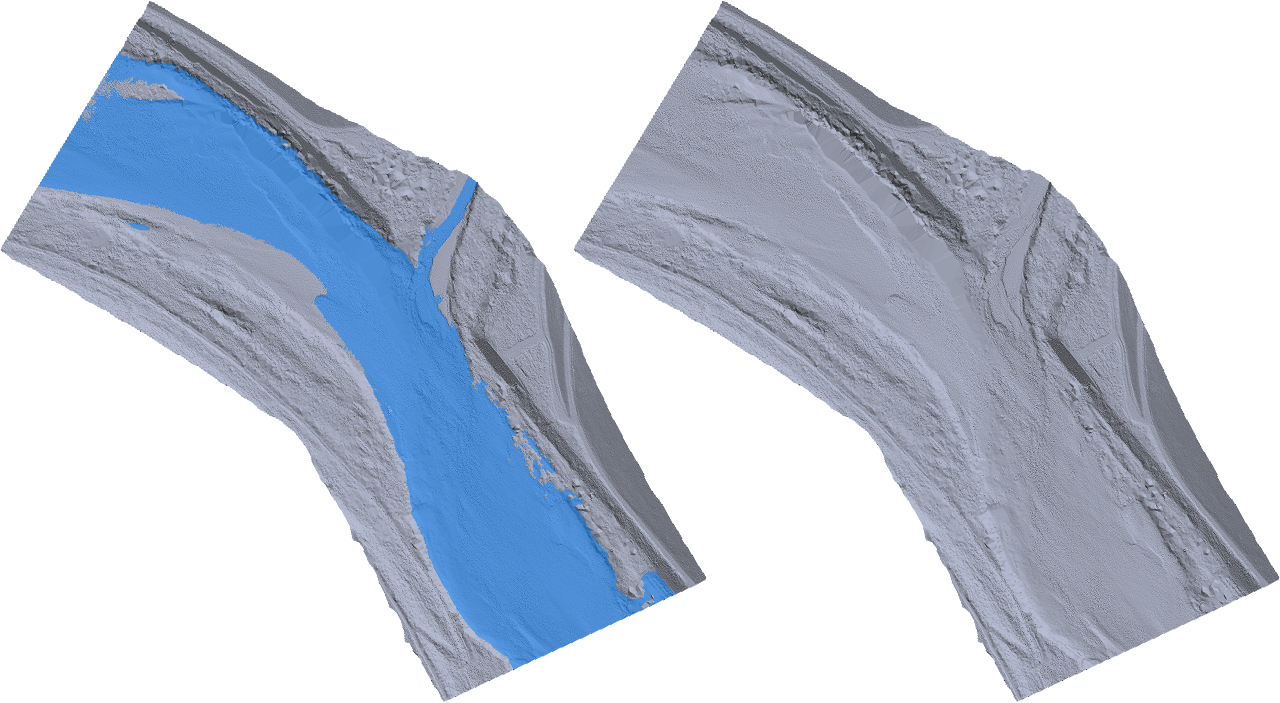 左陰影図に水面を描画、右陰影図